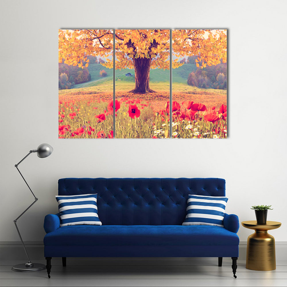 Red Poppies and Golden Tree Canvas Wall Art