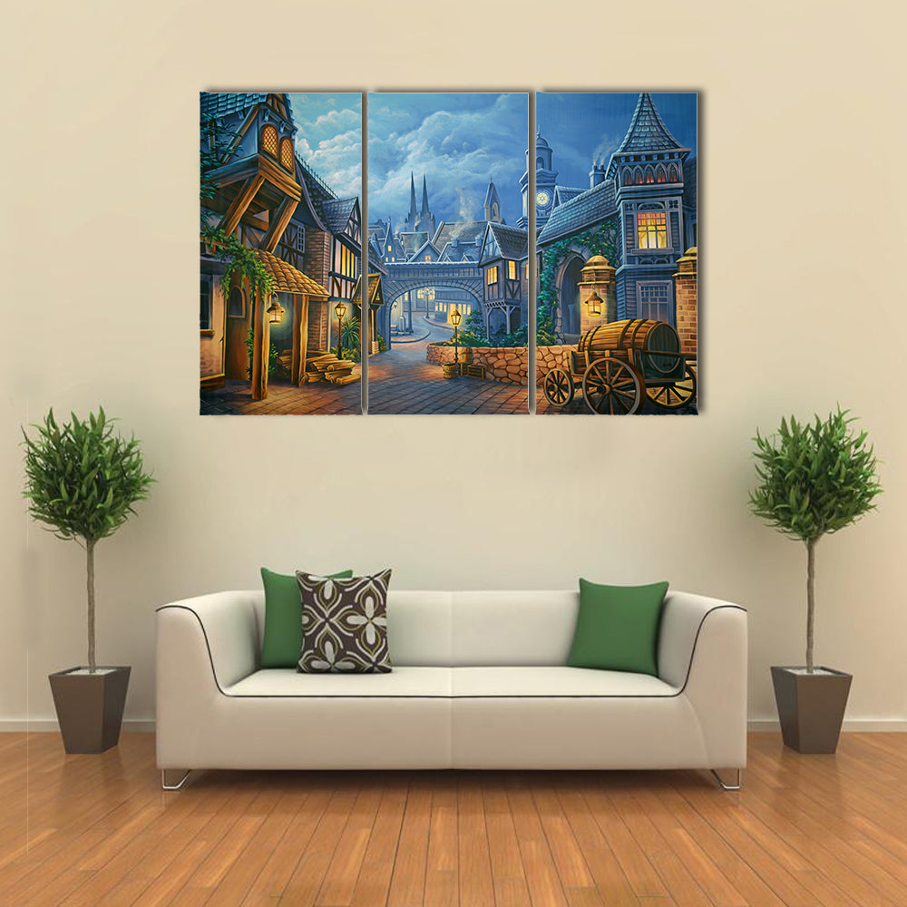 Twilight Medieval Village Through Stone Archway Canvas Wall Art