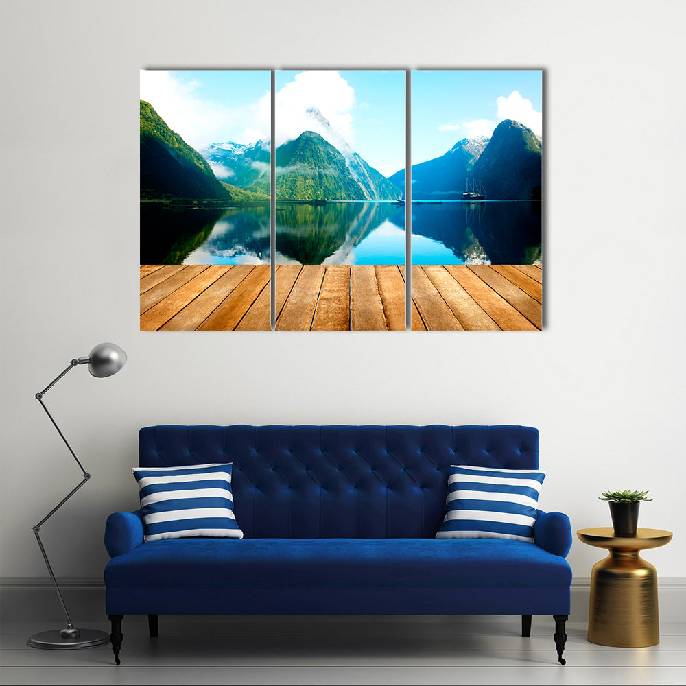 Wooden Pier and Mountain Lake Canvas Wall Art