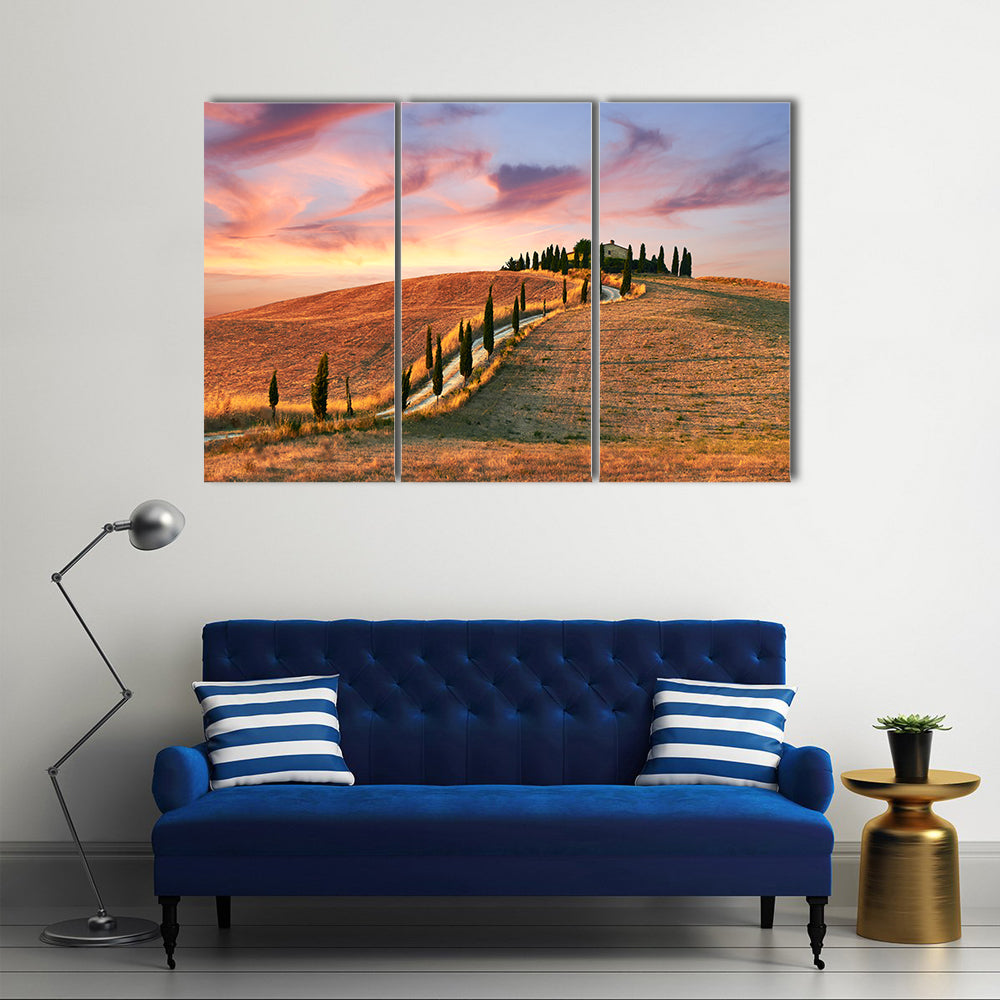 Hilltop Villa with Cypress Road at Sunset Canvas Wall Art