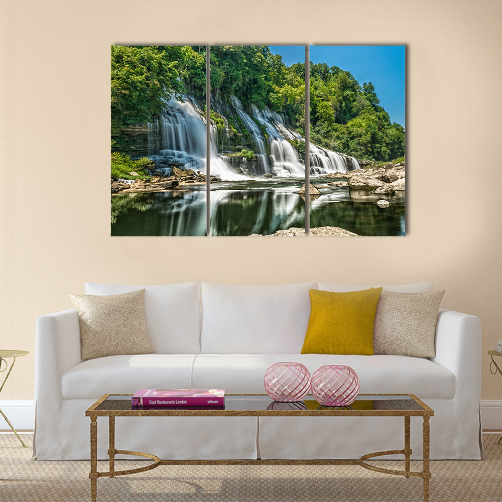 Twin Falls in Tennessee Canvas Wall Art in white, green and blue, 3 panel horizontal set hung on a wall