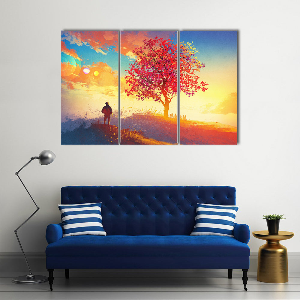 Man Standing Alone In Autumn Mountains Canvas Wall Art