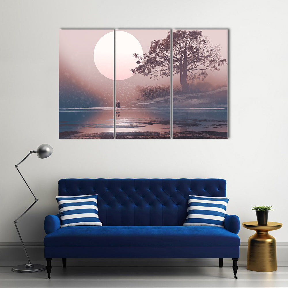 Love Couple Under Moon Canvas Wall Art