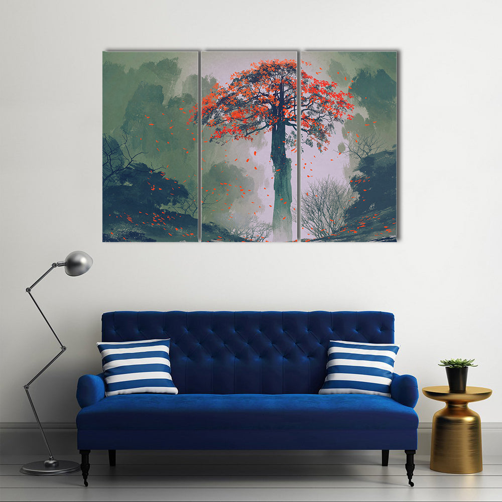 Misty Red Tree in Autumn Forest Canvas Wall Art