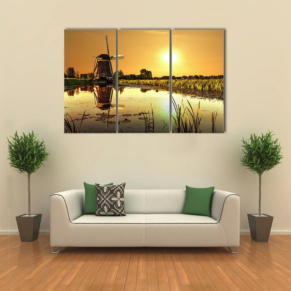 Dutch Windmill At Kinderdijk In Netherlands Canvas Wall Art