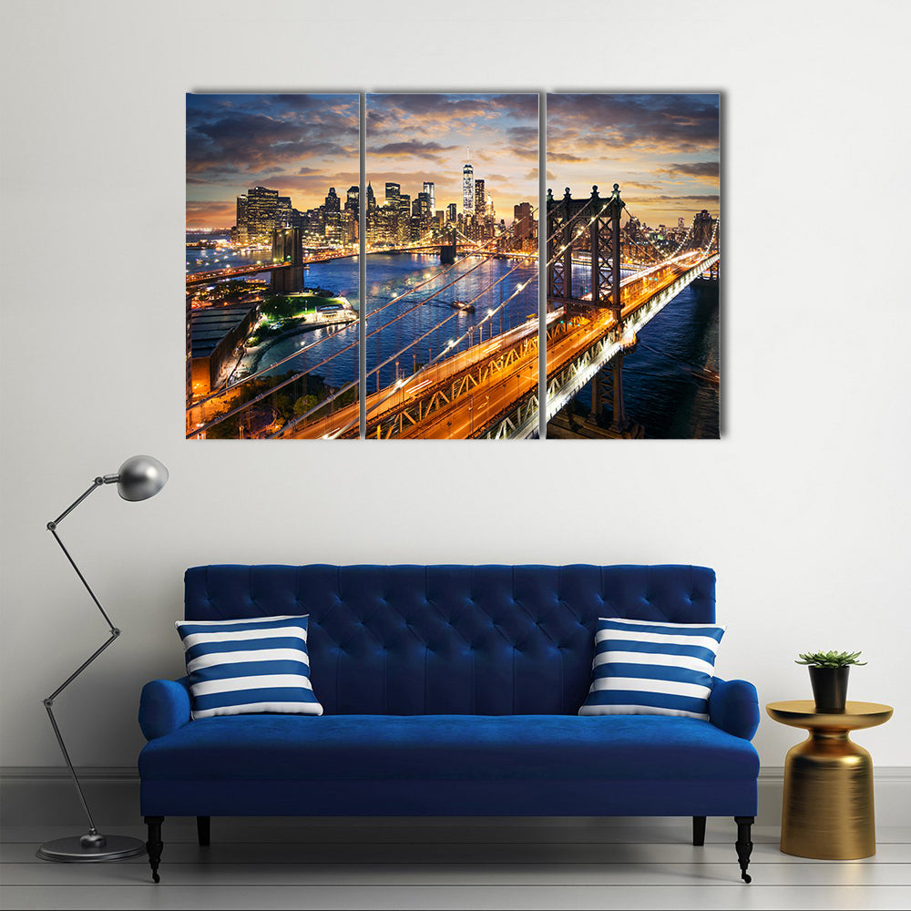 Manhattan Bridge and Skyline at Dusk Canvas Wall Art