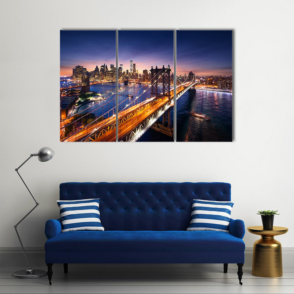 Dusk Over Manhattan Bridge Canvas Wall Art