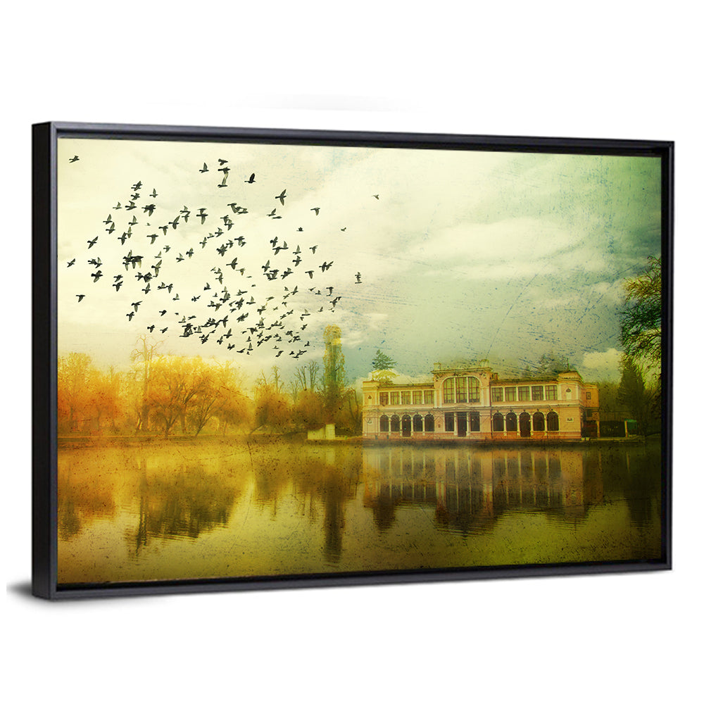 Flock Over Vintage Lakeside Mansion Canvas Wall Art