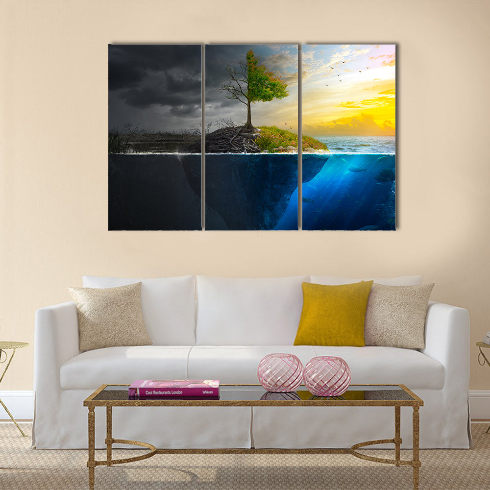 Life and Death on a Floating Island Canvas Wall Art in gray, yellow and blue, 3 panel horizontal set hung on a wall