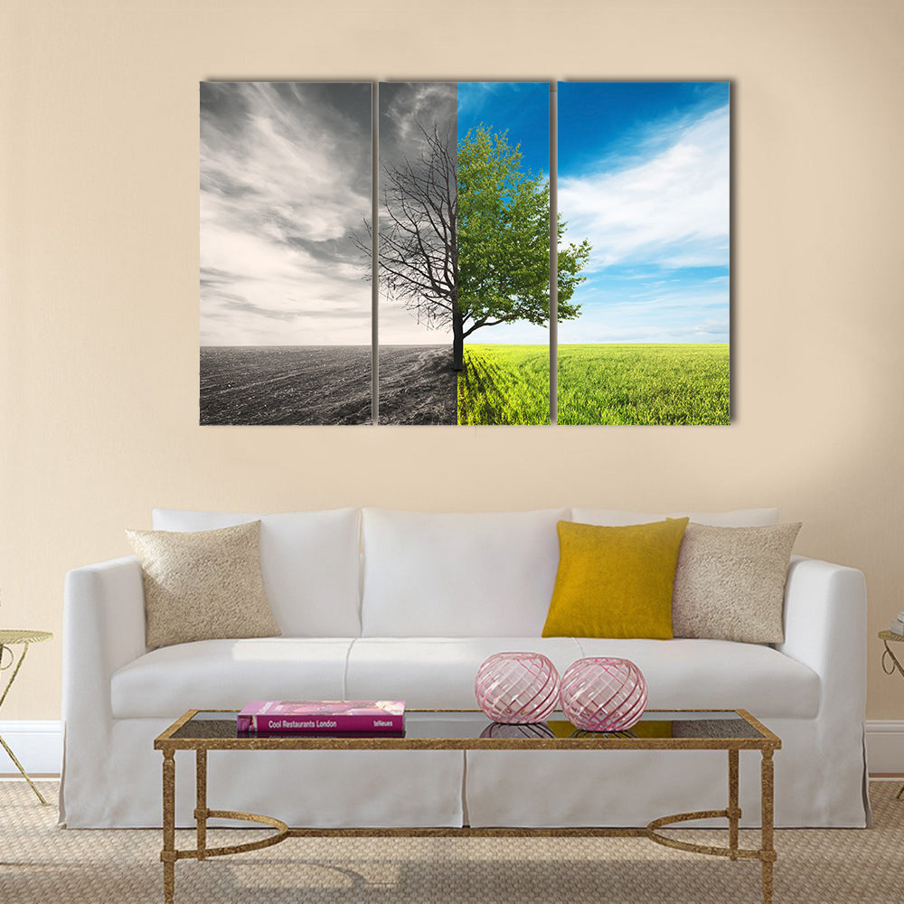 Lonely Tree In Field Canvas Wall Art