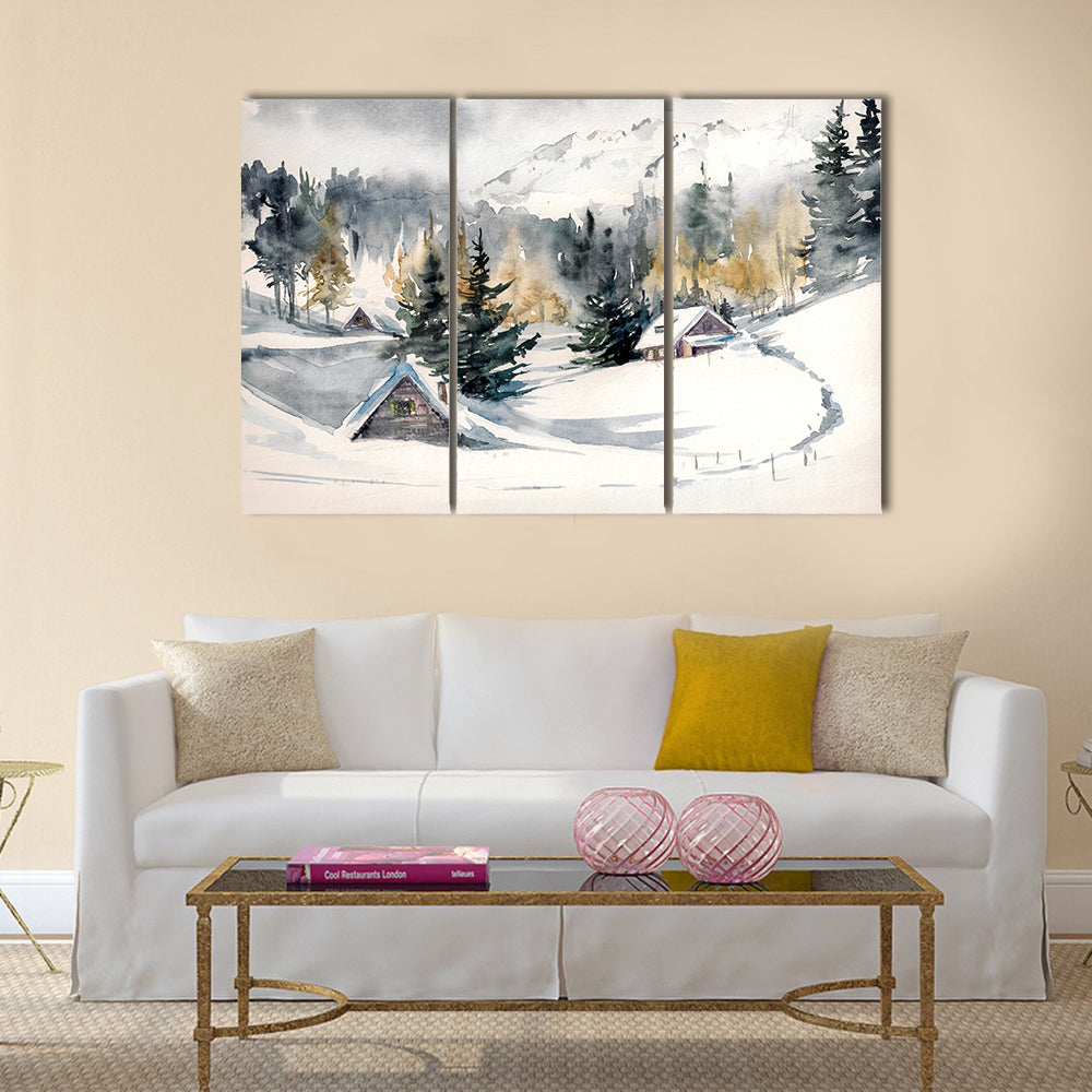 Snowy Mountain Village Canvas Wall Art
