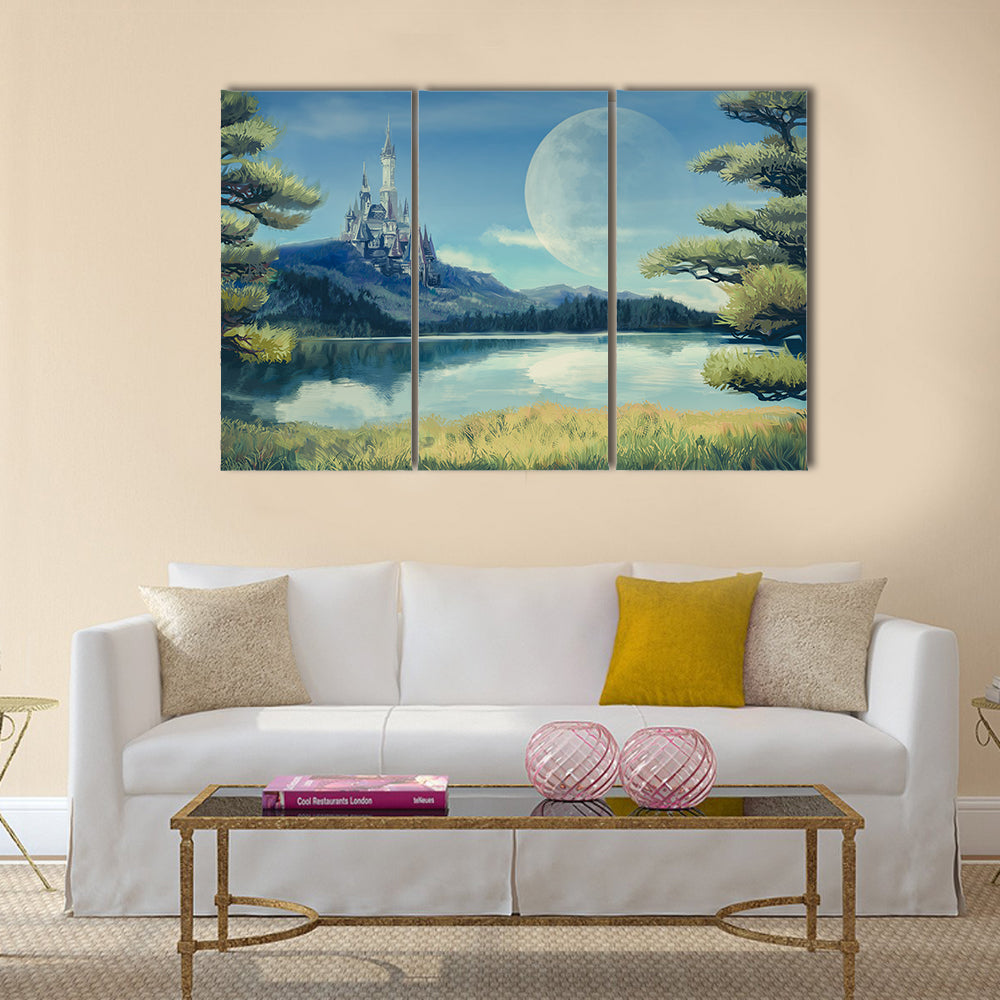 Gothic Castle by Moonlit Lake Canvas Wall Art