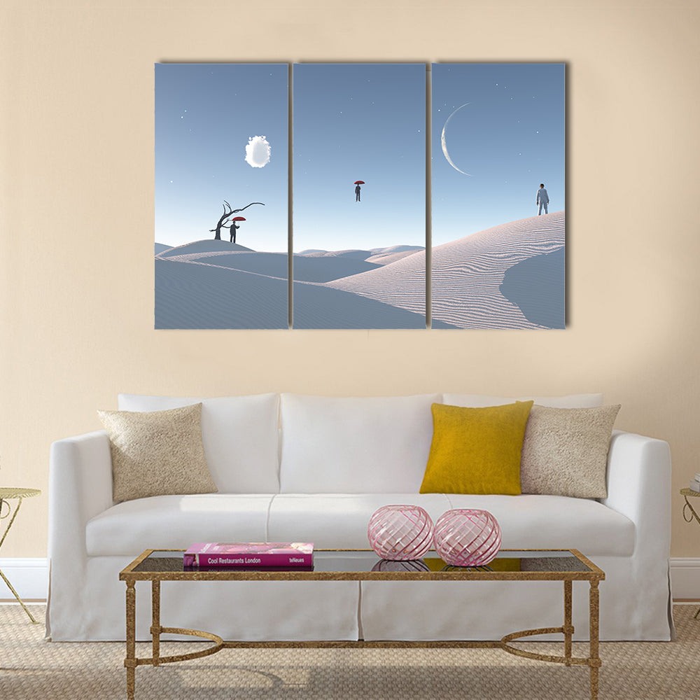 Floating Man with Umbrella in Surreal Desert Canvas Wall Art