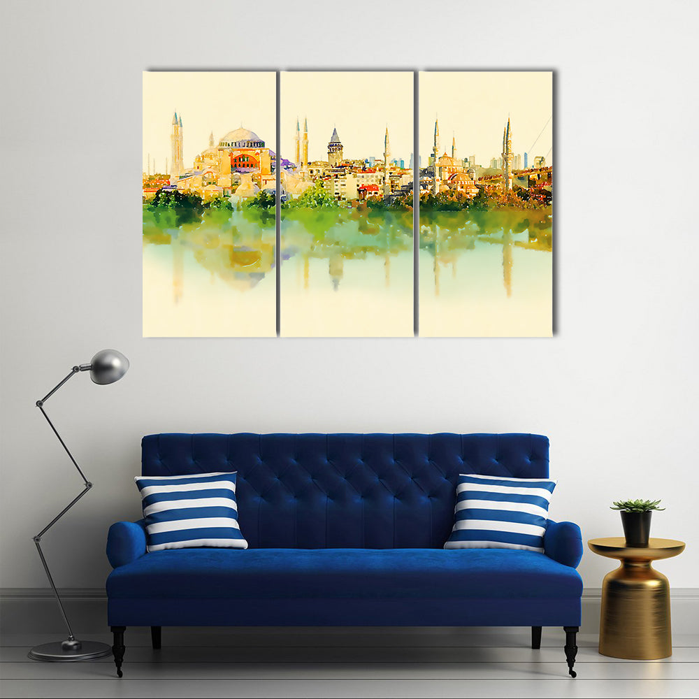 Istanbul Watercolor Skyline with Hagia Sophia Reflection Canvas Wall Art