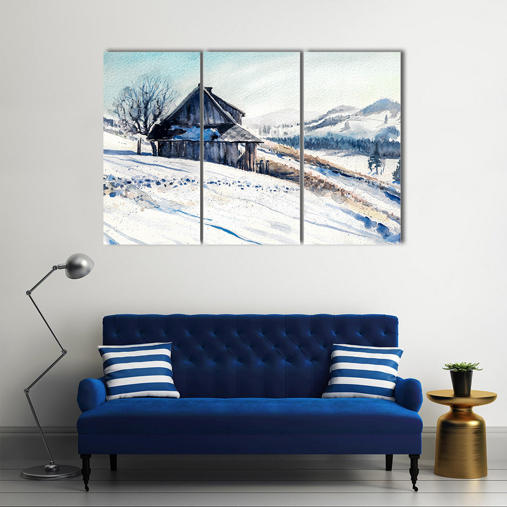 Small House In Winter Mountains Canvas Wall Art