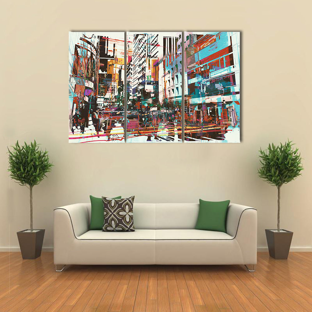 Energetic Abstract Cityscape in Cyan and Red Canvas Wall Art