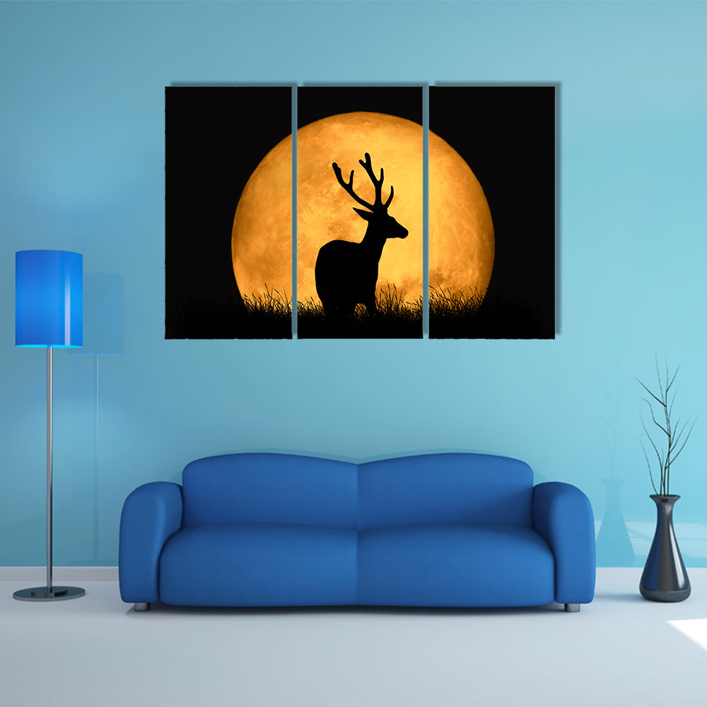Deer Silhouette With Large Moon Canvas Wall Art