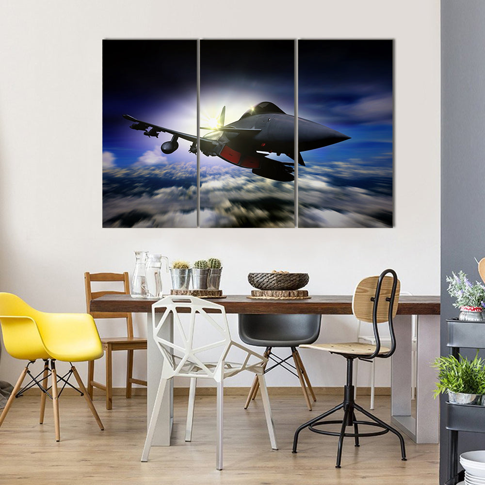 Military Jet Flying During Sunrise Canvas Wall Art