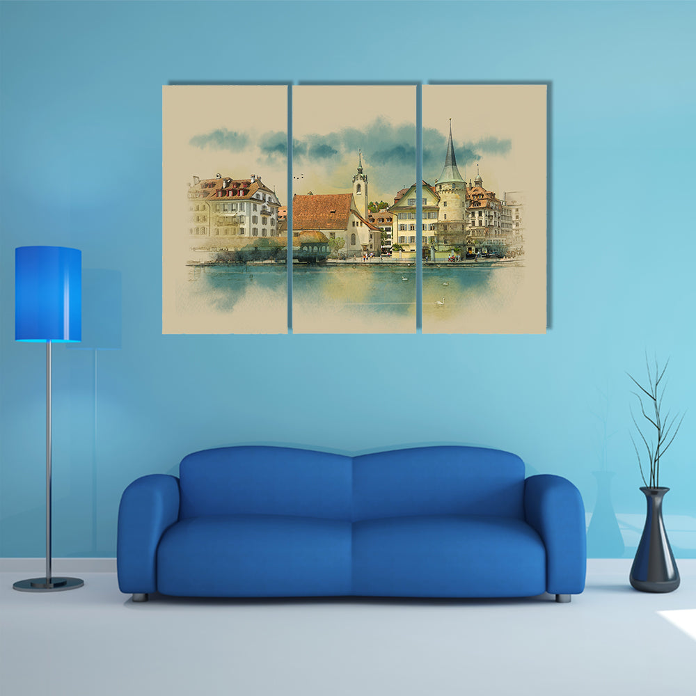 Sketch Of Lucerne Town In Switzerland Canvas Wall Art