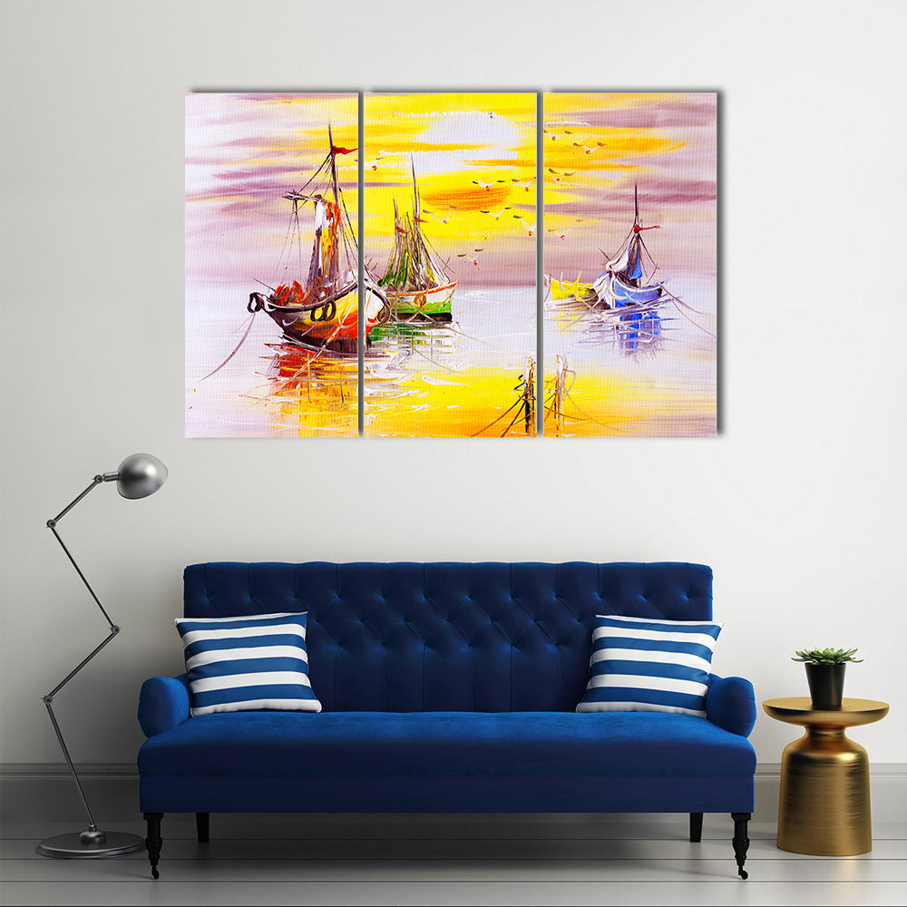 Boats With Sunset Canvas Wall Art