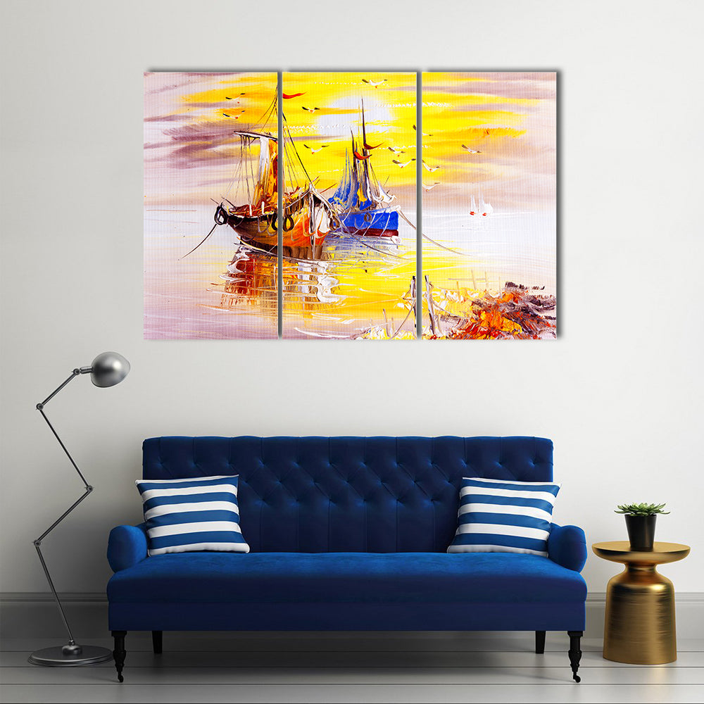 Boats With Sunset Canvas Wall Art