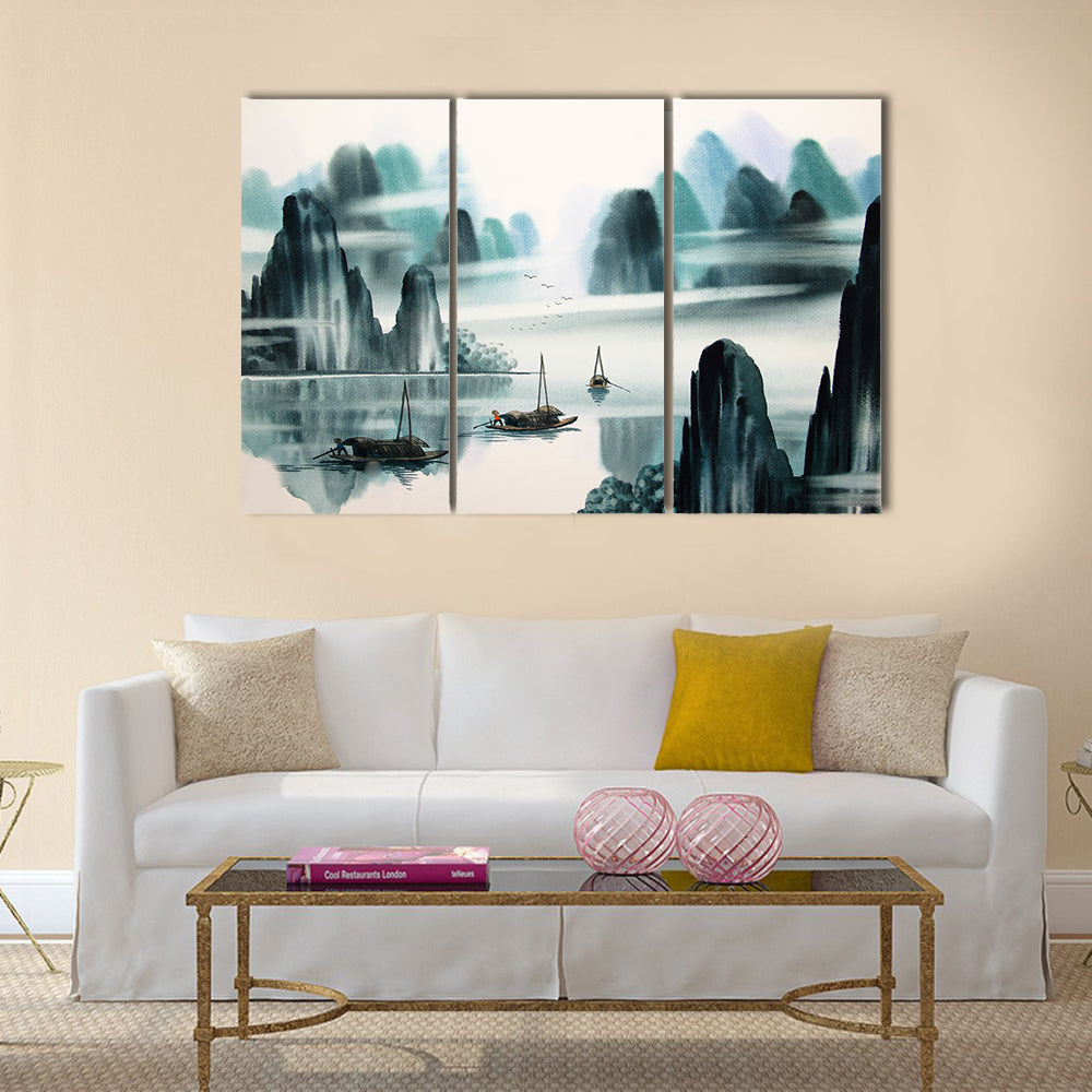 Misty River Chinese Watercolor Landscape Canvas Wall Art