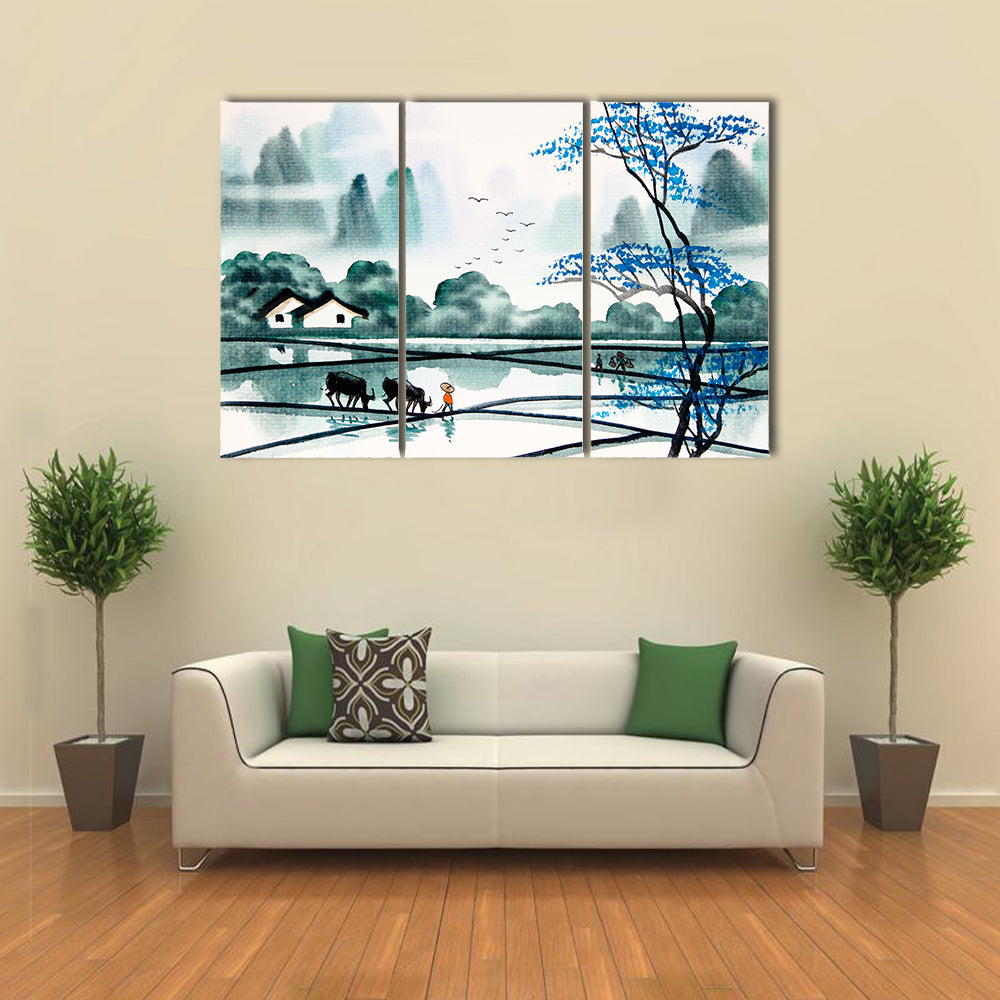 Misty Chinese Watercolor Landscape Canvas Wall Art
