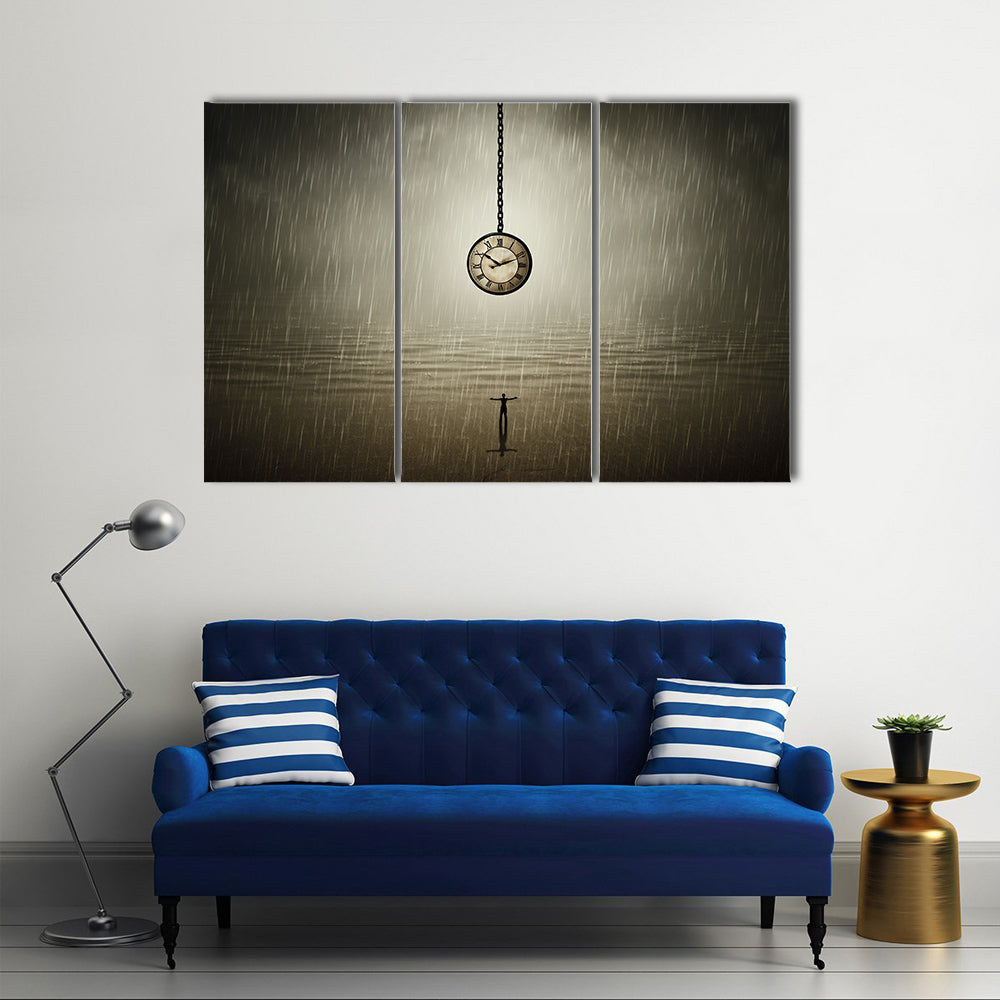 Rainy Night Silhouette with Pocket Watch Canvas Wall Art
