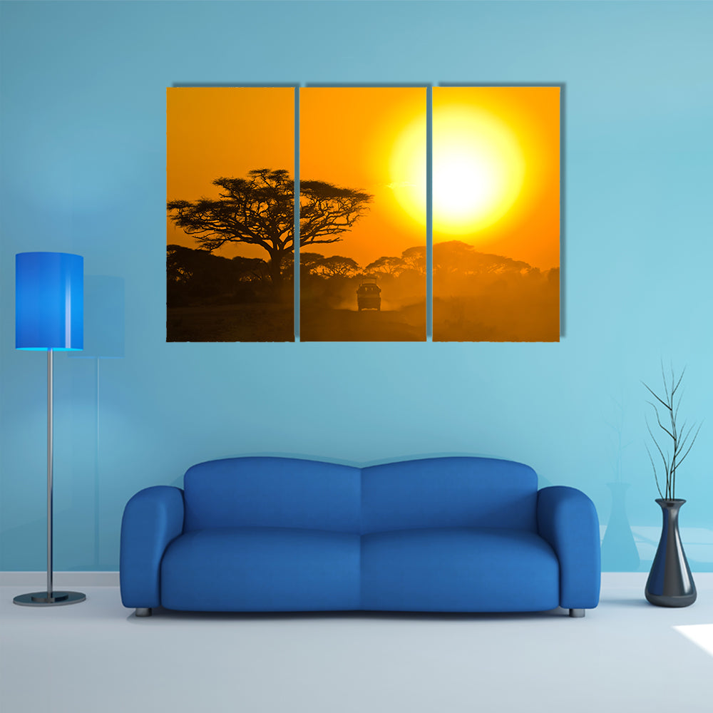 Safari Jeep Driving Through Savannah In The Sunset Africa Canvas Wall Art