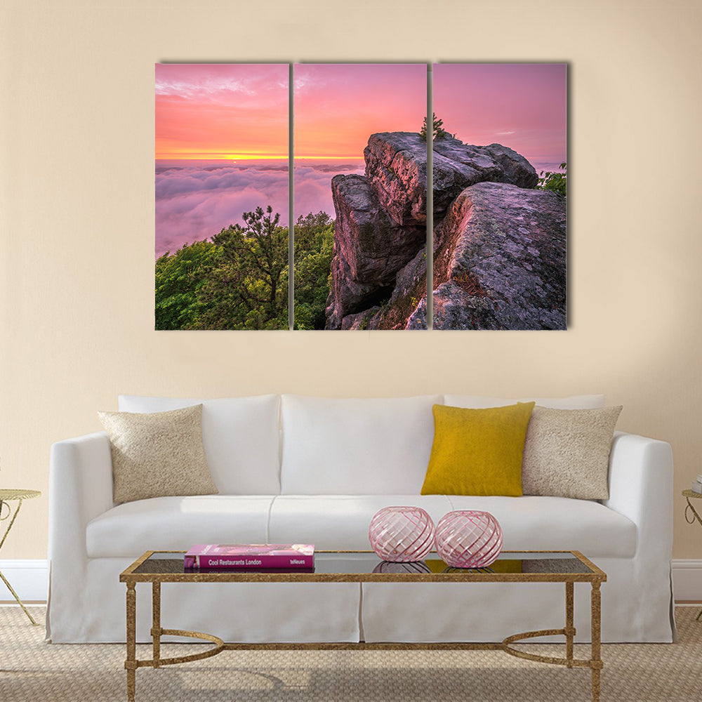 Pine Mountain Trail in Kentucky Canvas Wall Art in gray, orange and pink, 3 panel horizontal set hung on a wall