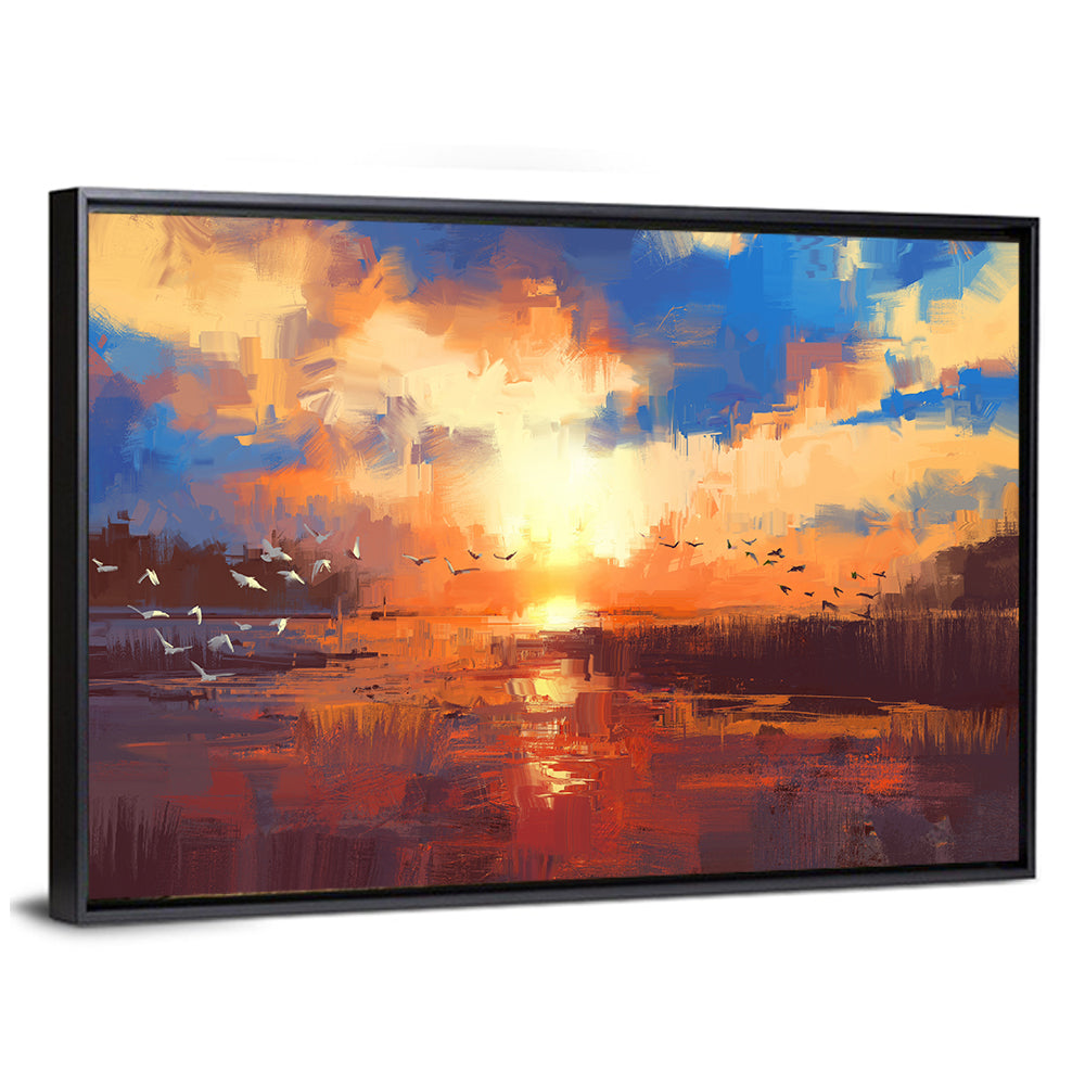 Golden Sunset Over Lake with Birds Canvas Wall Art