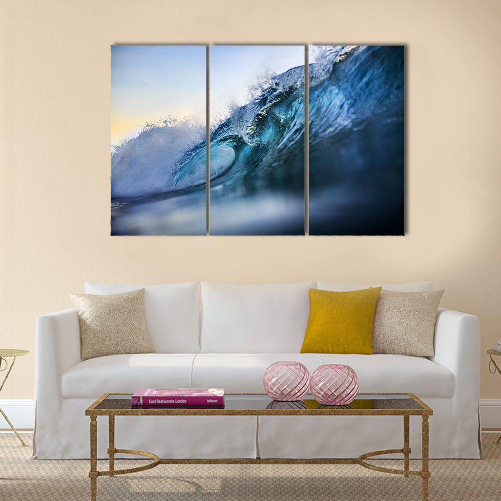 Rip Curl Bali Wave Barrel Canvas Wall Art in white and blue, 3 panel horizontal set hung on a wall