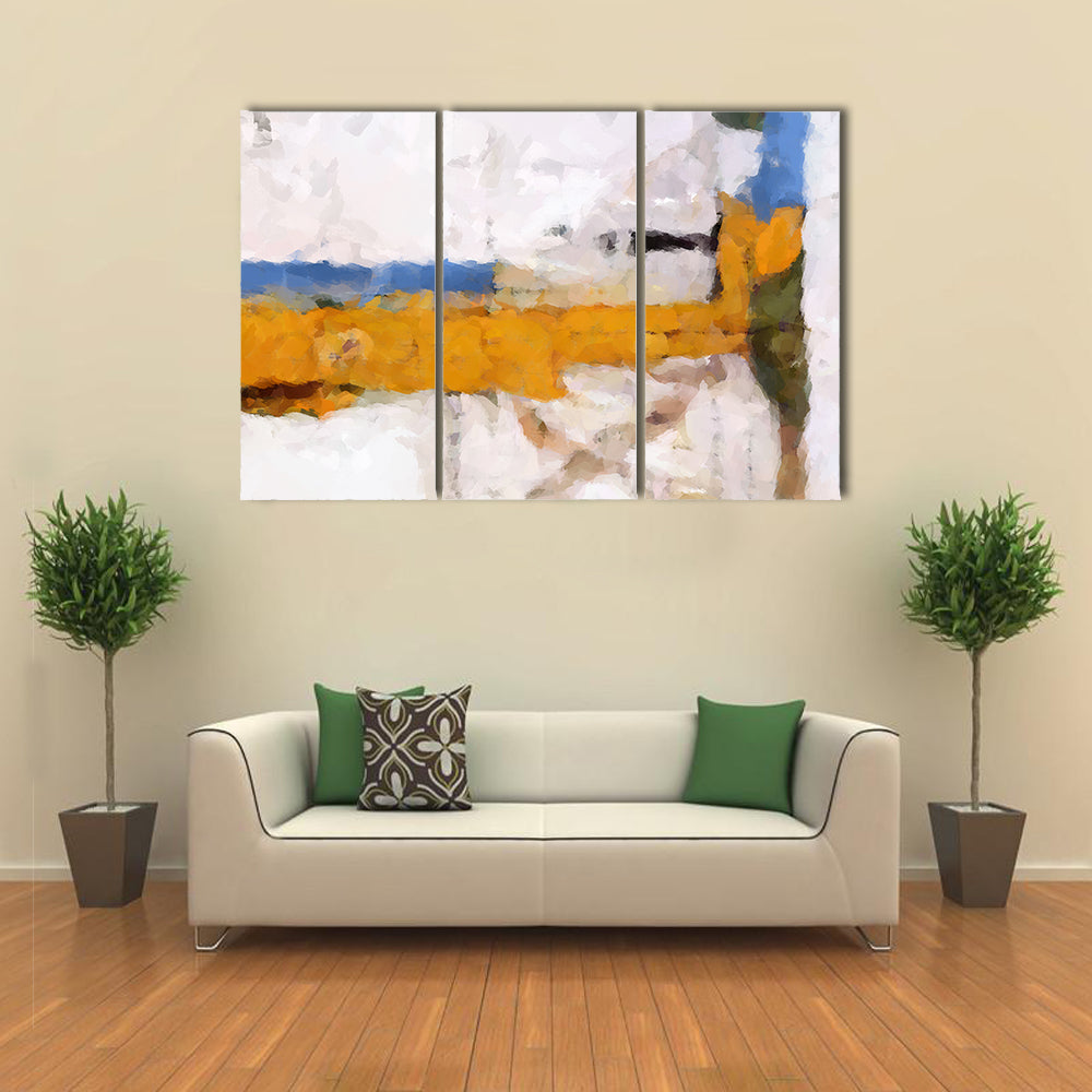 Ochre Yellow Band Abstract with Blue Accents Canvas Wall Art
