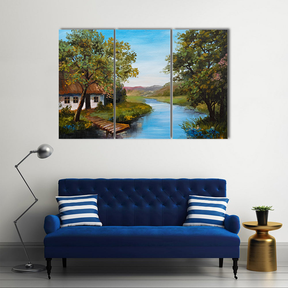 Farmhouse Near The River Canvas Wall Art