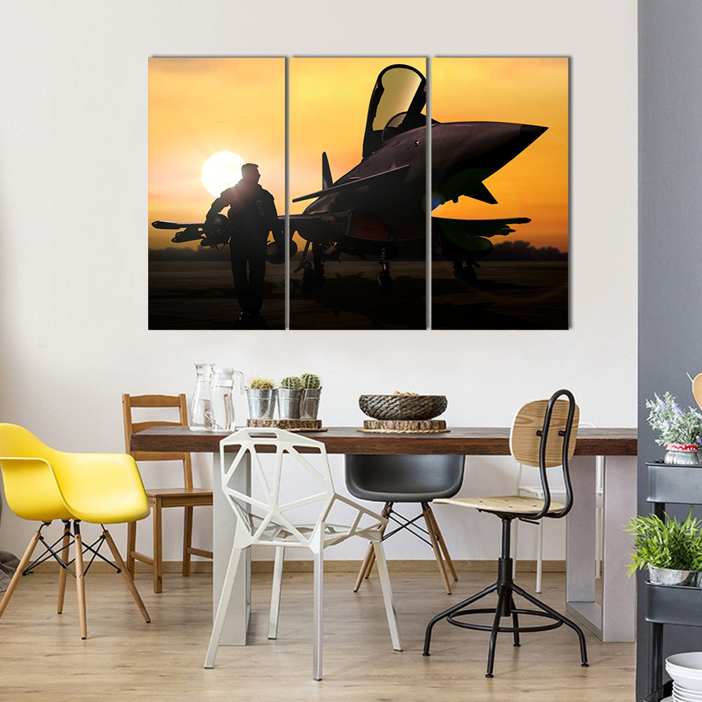 Military Pilot &amp; Aircraft At Airfield Canvas Wall Art