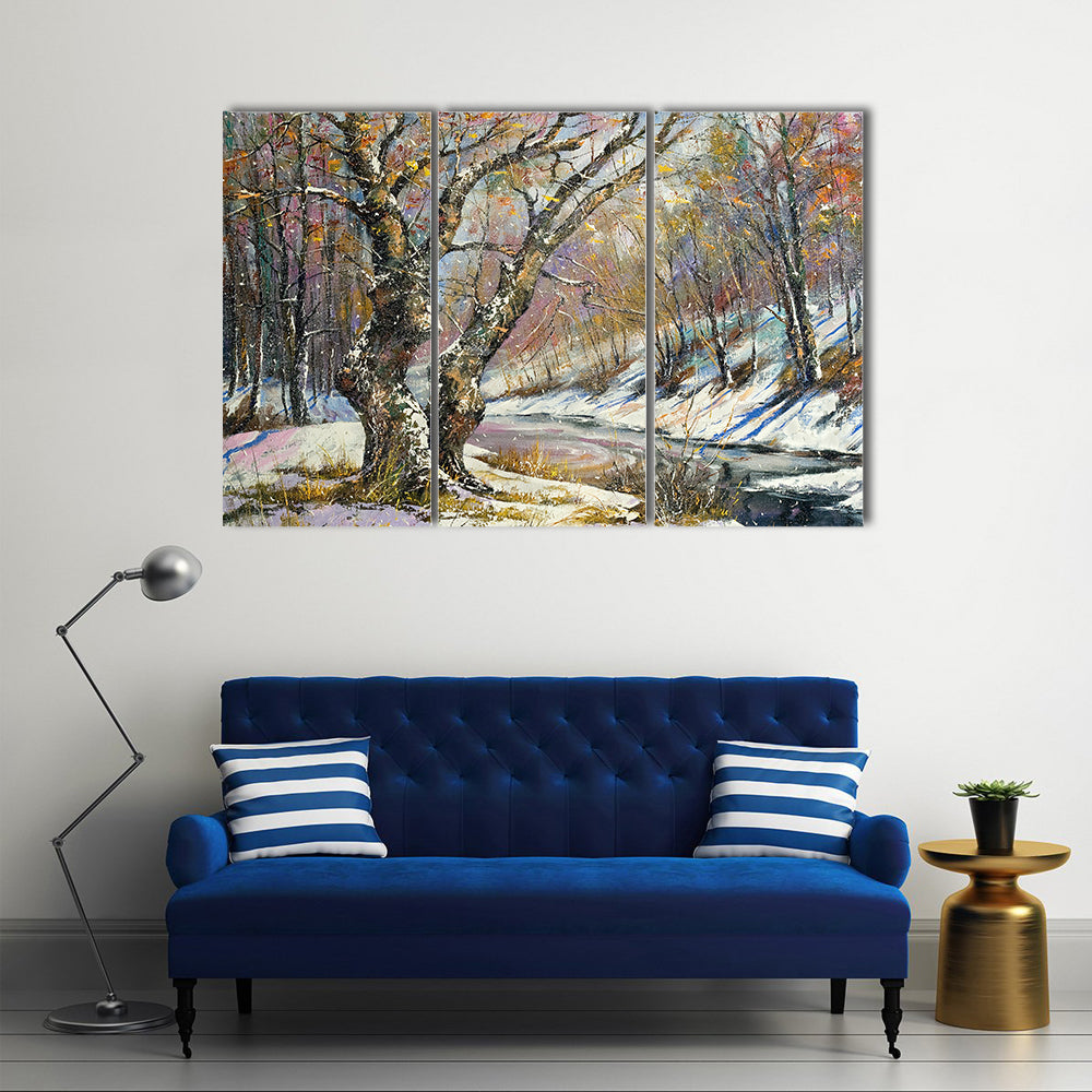 Winter River in Snowy Wood Canvas Wall Art