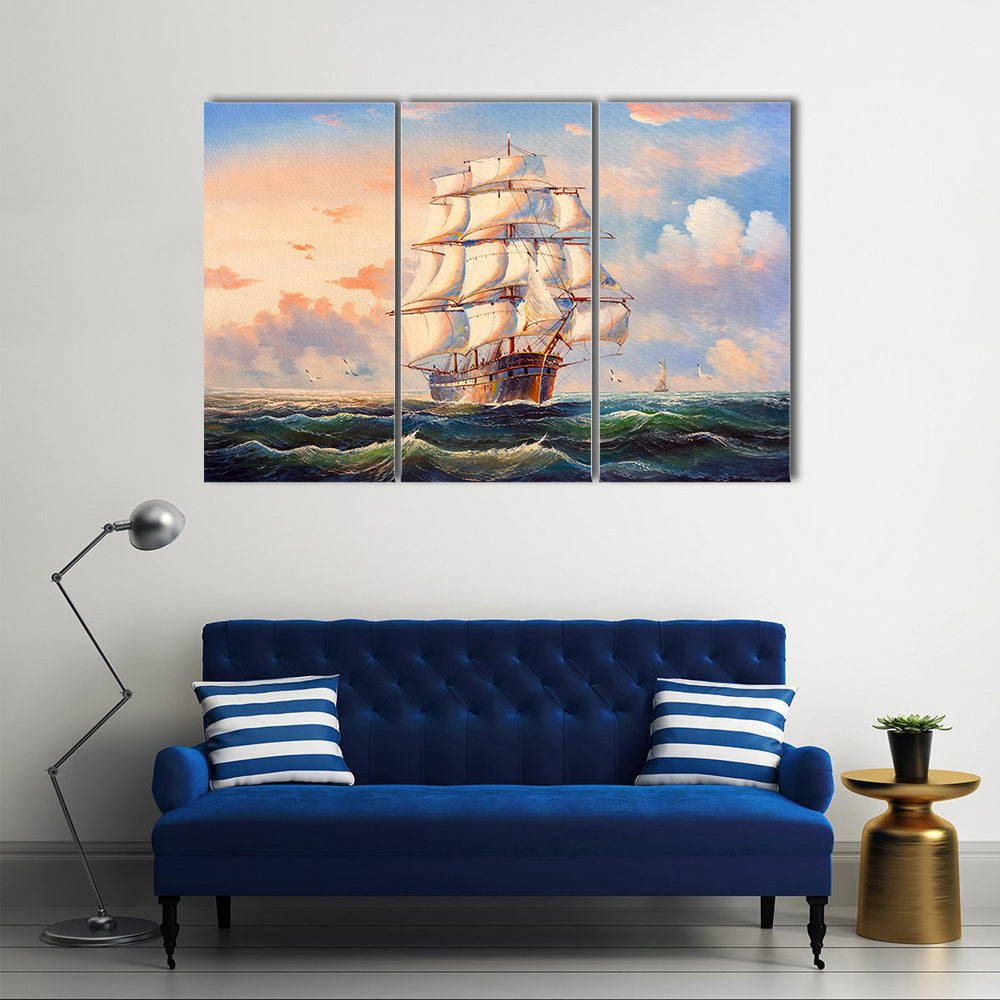 Sailing Boat In Storm Canvas Wall Art