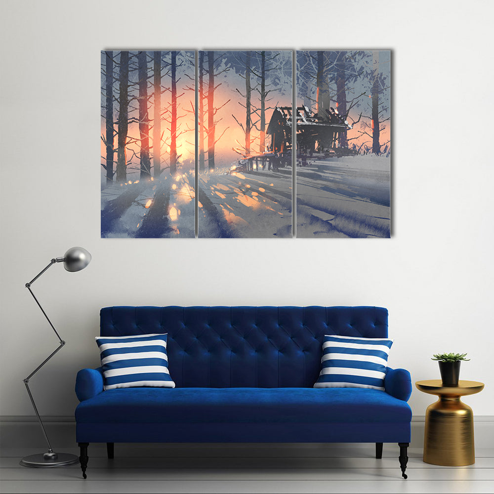 Abandoned House in Winter Forest Canvas Wall Art
