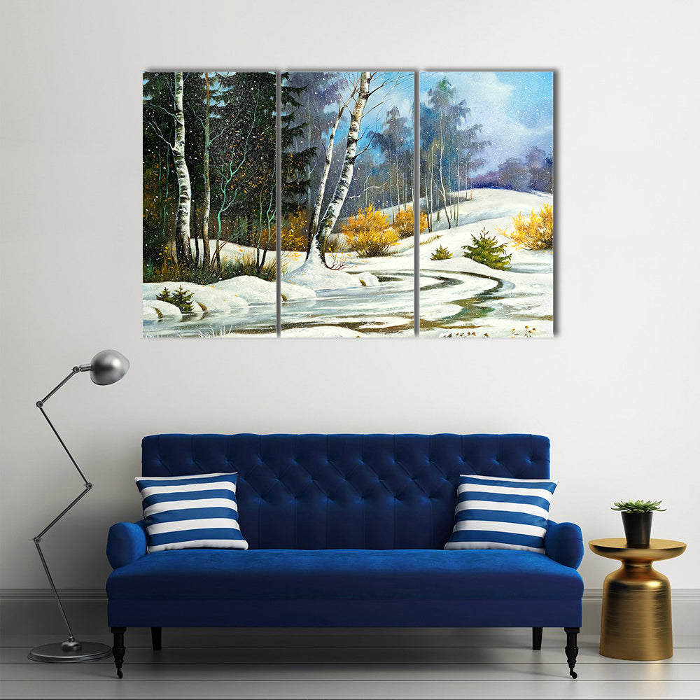 Winter Birch Forest with Frozen Stream Canvas Wall Art