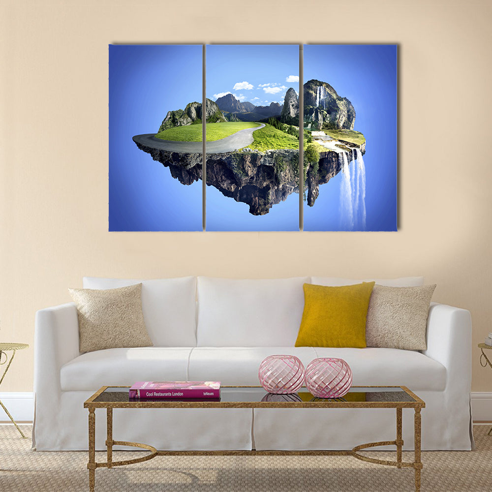 Floating Island with Waterfall Canvas Wall Art in gray, green and blue, 3 panel horizontal set hung on a wall