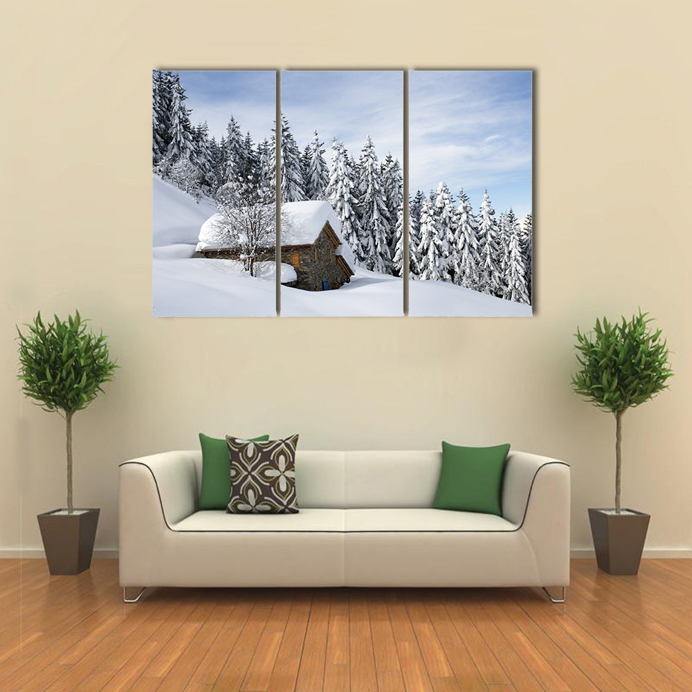Alpine Hut Under Snow Canvas Wall Art