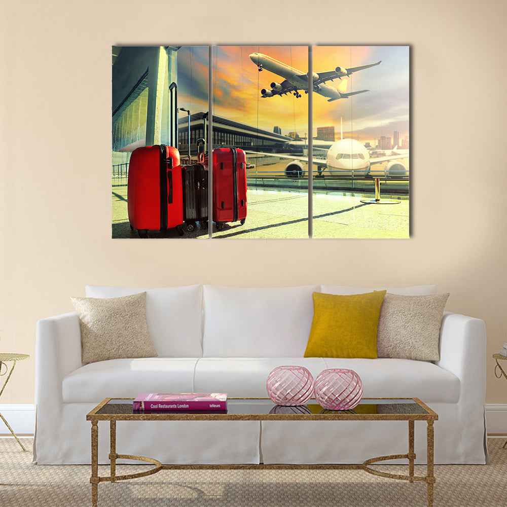 Red Suitcases and Plane at Sunset Canvas Wall Art