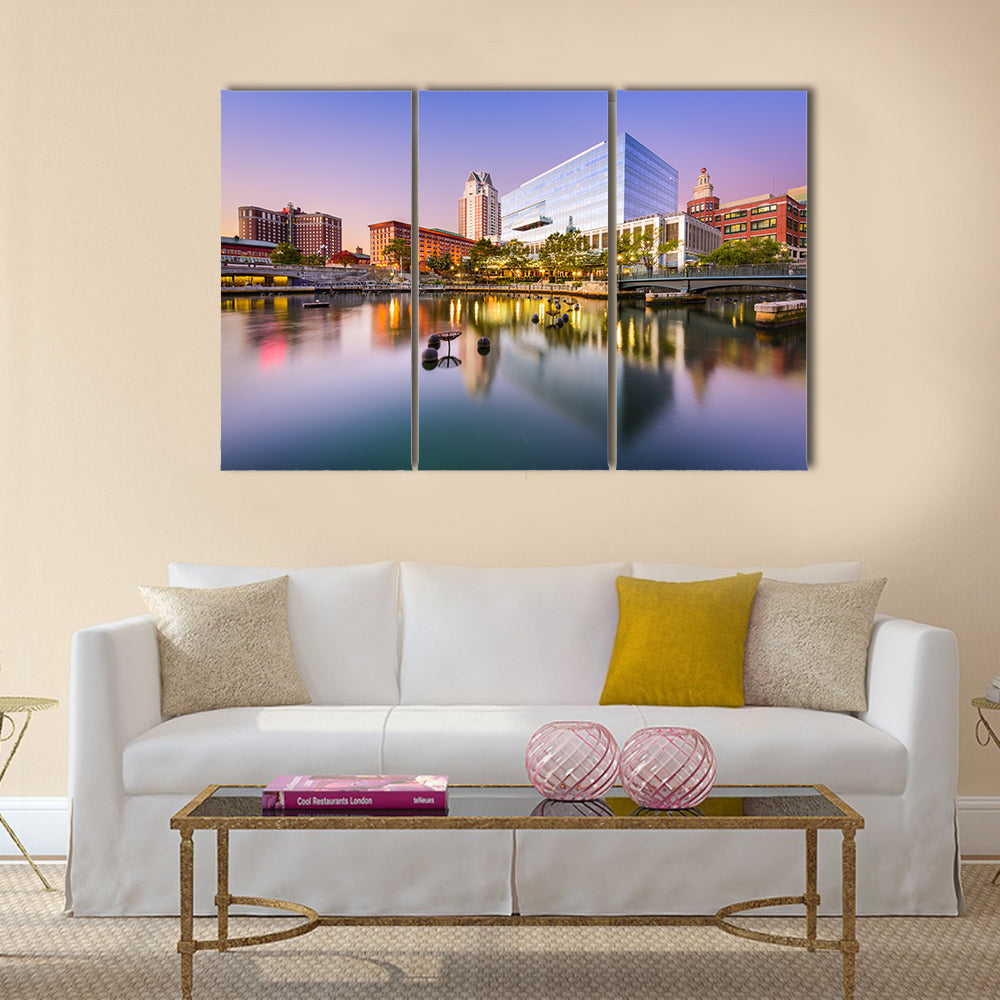 Providence Skyline at Blue Hour Canvas Wall Art in orange, blue and purple, 3 panel horizontal set hung on a wall