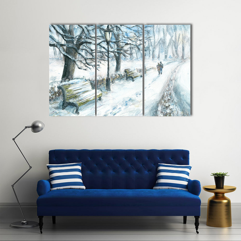 Couple Walking in Snowy Park Canvas Wall Art