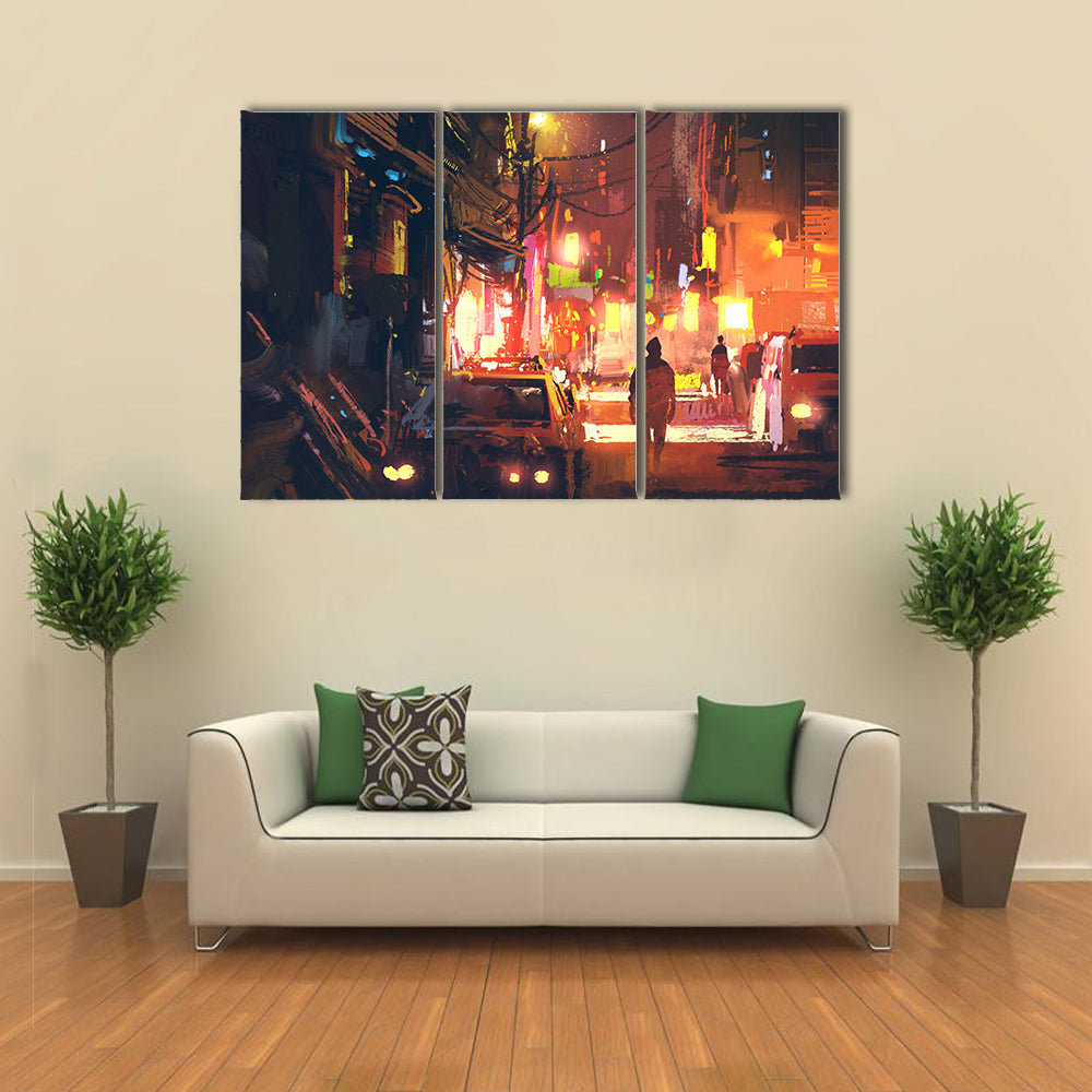 Rain-soaked Old Street in Futuristic City Canvas Wall Art