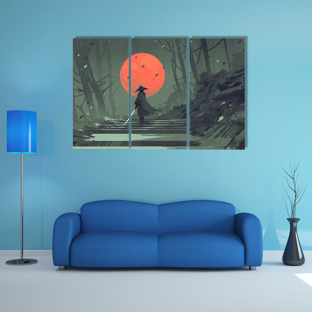 Samurai Standing On Stairway In Night Forest Under Red Moon Canvas Wall Art