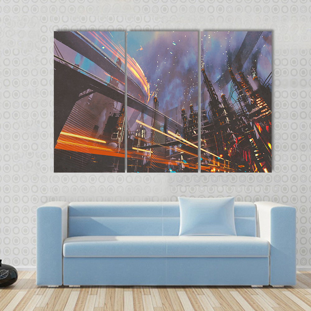 Futuristic Industrial Cityscape at Night Canvas Wall Art