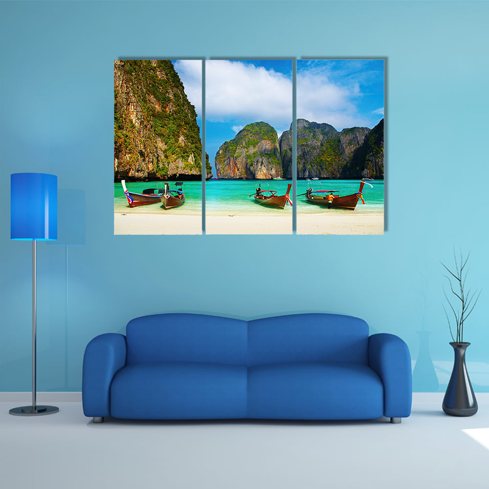 Tropical Beach And Traditional Long Tail Boats In Maya Bay Canvas Wall Art