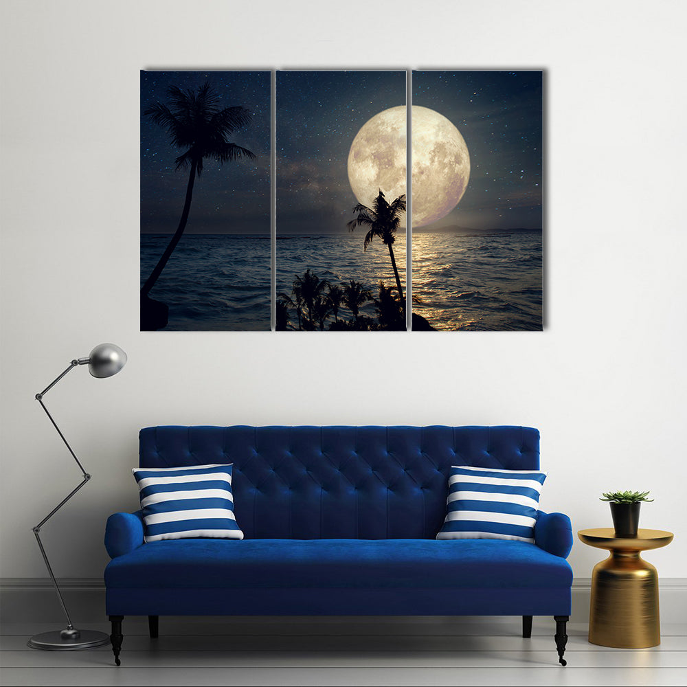 Tropical Beach Under Full Moon Canvas Wall Art