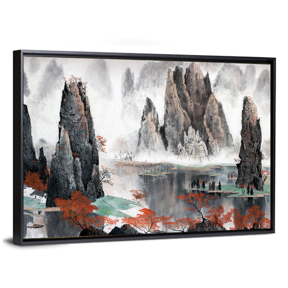 Misty Chinese Mountains with Red Autumn Trees Canvas Wall Art